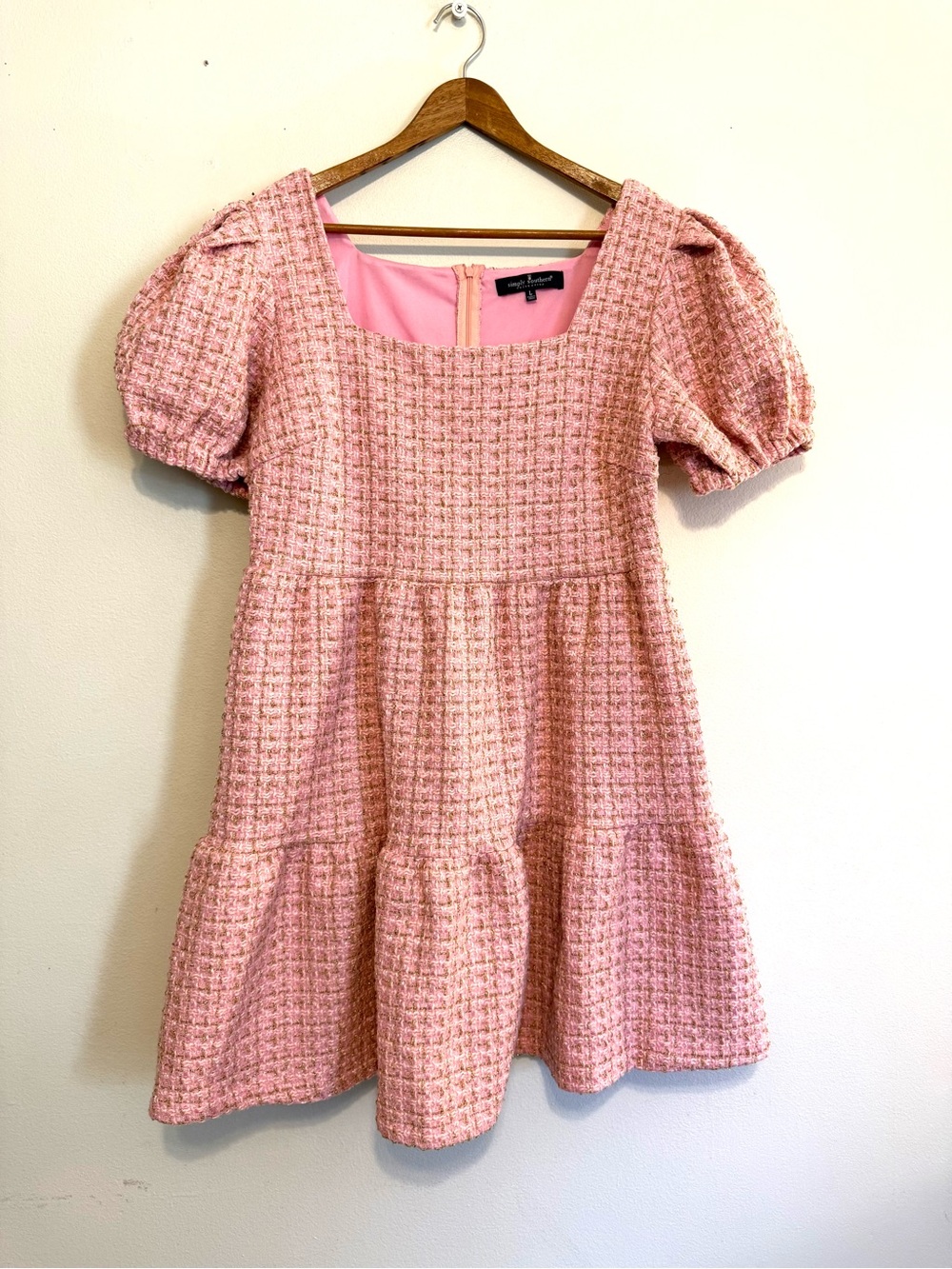 Simply Southern Dress Pink and Gold Tweed Dress Layered Puff Sleeve Size Large